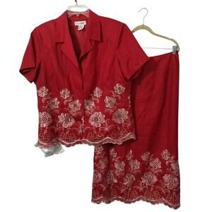 4065)Vintage Lino USA 2 pcs Red White  Linen Embroidery Skirt Set Size XL